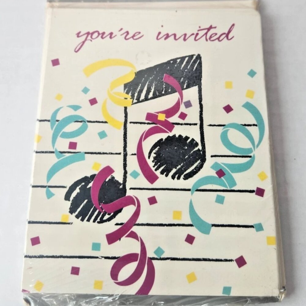 Vintage 90s Music Note Invitations Sealed Paper Art Confetti Retro Party Set